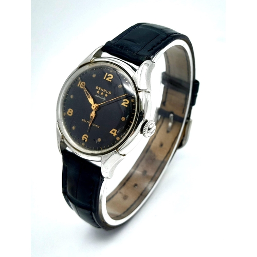 557 - A Vintage Benrus Nobility Self-Winding Gents Watch. Black leather strap. Stainless steel case - 32mm... 