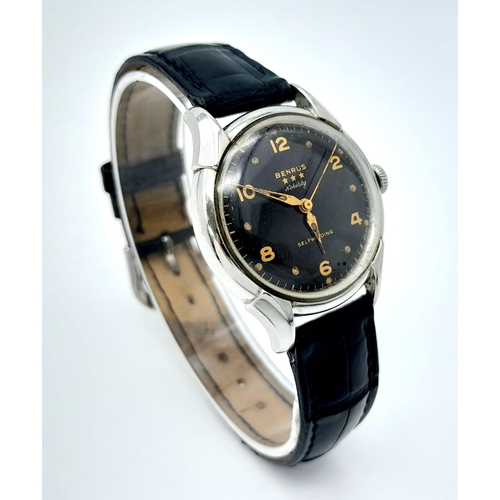 557 - A Vintage Benrus Nobility Self-Winding Gents Watch. Black leather strap. Stainless steel case - 32mm... 