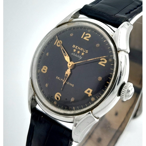 557 - A Vintage Benrus Nobility Self-Winding Gents Watch. Black leather strap. Stainless steel case - 32mm... 