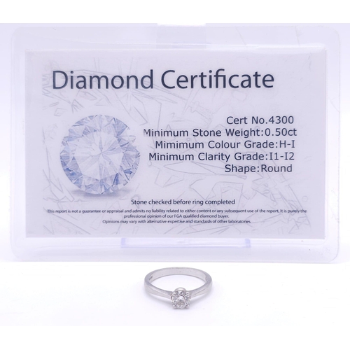 647 - A DIAMOND SOLITAIRE RING WITH A .50CT DIAMOND SET IN 950 PLATINUM AND COMES WITH A CERTIFICATE .    ... 