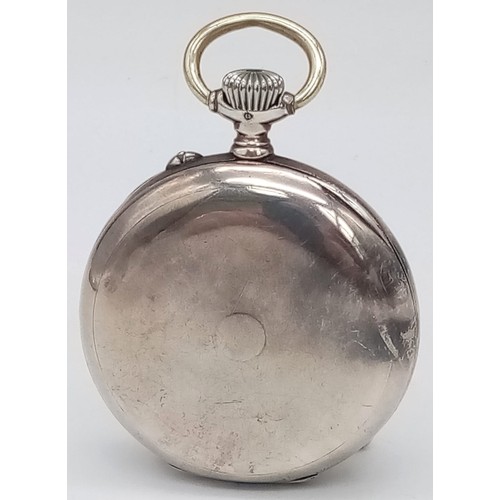 642 - A SOLID SILVER LONGINES POCKET WATCH WITH ORNATE GOLD HANDS , SECOND SUBDIAL AND ROMAN NUMERALS ON O... 