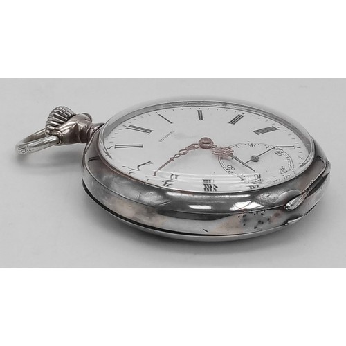 642 - A SOLID SILVER LONGINES POCKET WATCH WITH ORNATE GOLD HANDS , SECOND SUBDIAL AND ROMAN NUMERALS ON O... 