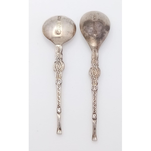 1566 - 2X vintage sterling silver salt spoons with fabulous engravings on handle. Full hallmarks Birmingham... 