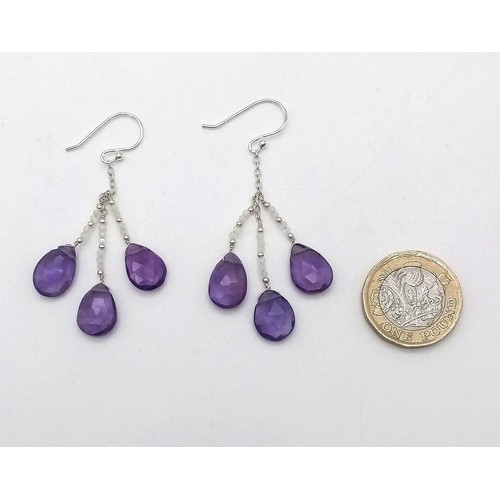 110 - Three Pairs of Gemstone Drop Earrings. Amethyst, Moonstone and Agate.