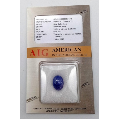 433 - A 9.34ct Natural Tanzanite Cabochon -  Sealed Container -AIG Certified.