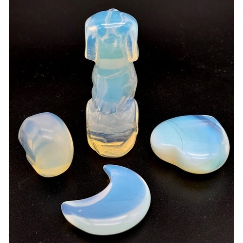 431 - Parcel of 4 Opalite Figurines Featuring a Dog, Skull, Heart & Moon.