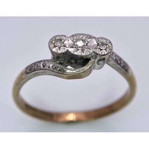 10 - An Antique 9K Gold and Platinum Diamond Trilogy Ring. Size K. 1.86g total weight.