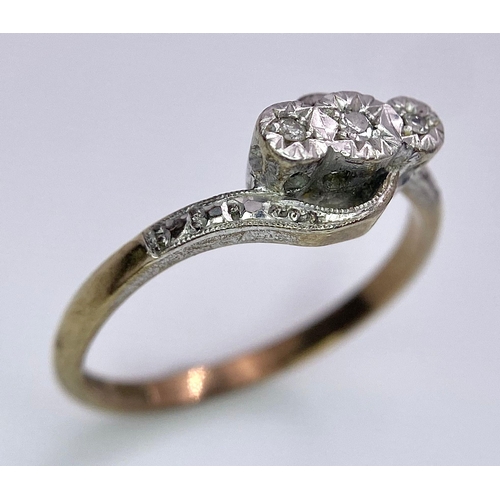 10 - An Antique 9K Gold and Platinum Diamond Trilogy Ring. Size K. 1.86g total weight.