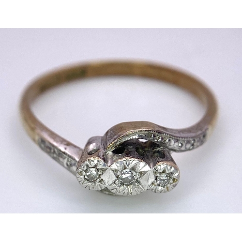 10 - An Antique 9K Gold and Platinum Diamond Trilogy Ring. Size K. 1.86g total weight.