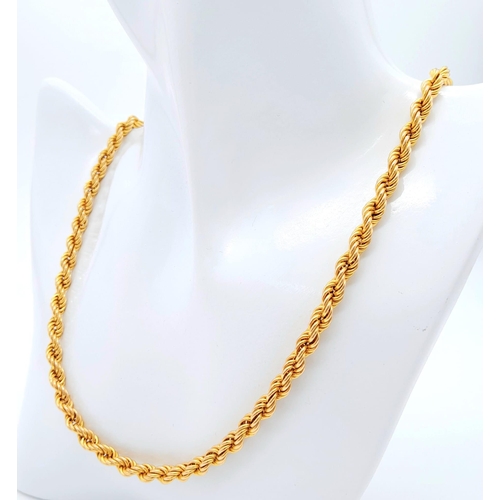 22 - A 9K Yellow Gold Rope Chain/Necklace. 60cm length. 13.2g weight.