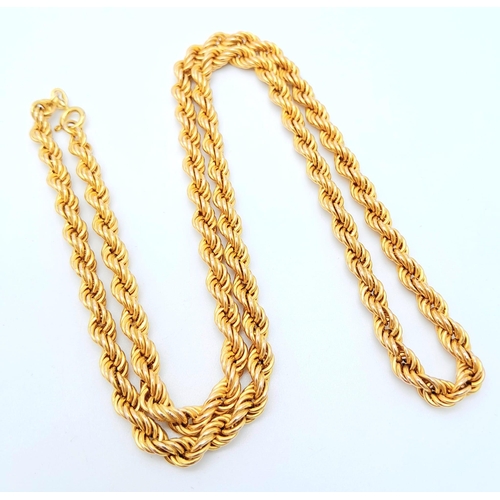 22 - A 9K Yellow Gold Rope Chain/Necklace. 60cm length. 13.2g weight.