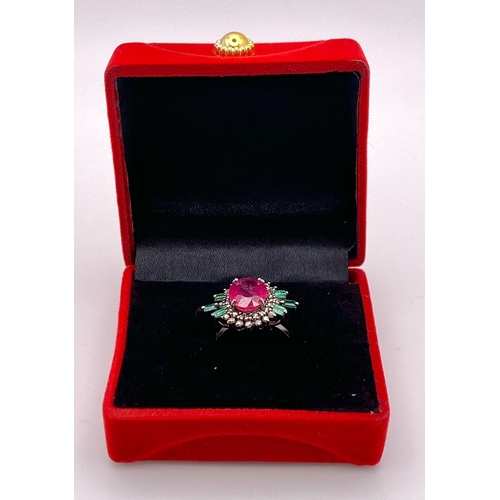 345 - A 5.80ct Ruby Ring with  0.40ctw Emeralds and 0.70ctw of Diamond Accents. Set in 925 Silver. Size M.... 