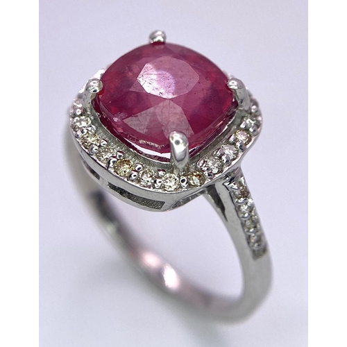 359 - A Delicate 4ct Ruby Ring with 0.45ctw of Diamond Accents. Set in 925 Silver. Size M. 3.66g total wei... 