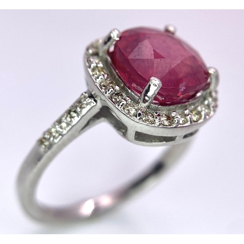 359 - A Delicate 4ct Ruby Ring with 0.45ctw of Diamond Accents. Set in 925 Silver. Size M. 3.66g total wei... 