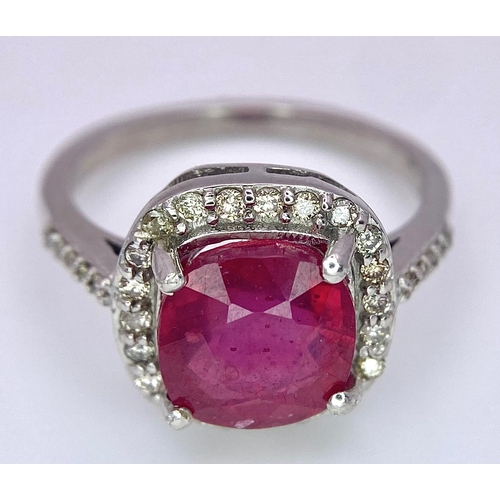 359 - A Delicate 4ct Ruby Ring with 0.45ctw of Diamond Accents. Set in 925 Silver. Size M. 3.66g total wei... 