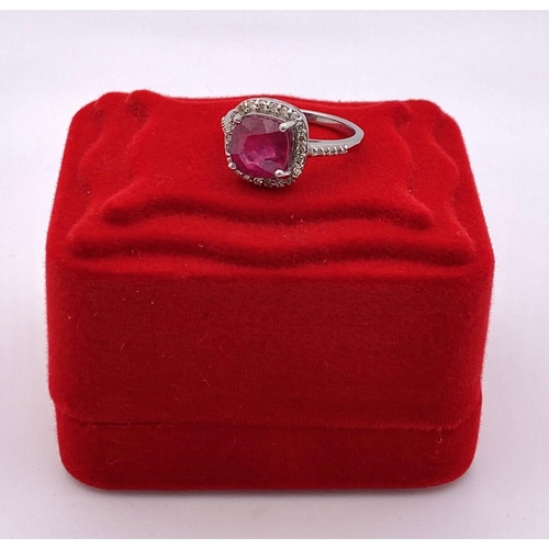 359 - A Delicate 4ct Ruby Ring with 0.45ctw of Diamond Accents. Set in 925 Silver. Size M. 3.66g total wei... 