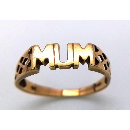 442 - A Vintage 9K Yellow Gold 'MUM' Ring. Size K. 1.25g weight.