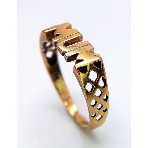 442 - A Vintage 9K Yellow Gold 'MUM' Ring. Size K. 1.25g weight.