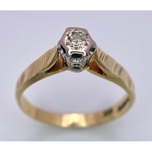 9 - A Vintage 18K Yellow Gold Diamond Solitaire Ring. Size L. 2.41g total weight. Full UK hallmarks.