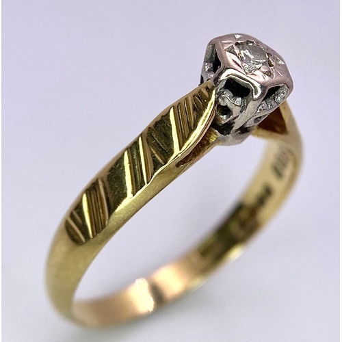 9 - A Vintage 18K Yellow Gold Diamond Solitaire Ring. Size L. 2.41g total weight. Full UK hallmarks.