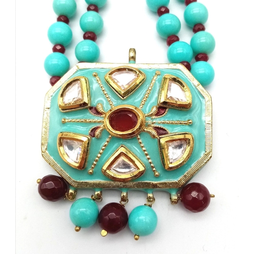 275 - Stunning Turquoise & Garnet 2 row necklace, gold gilded silver with vintage push-pin clasp.

28cms i... 