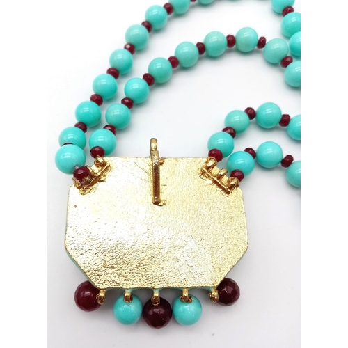 275 - Stunning Turquoise & Garnet 2 row necklace, gold gilded silver with vintage push-pin clasp.

28cms i... 