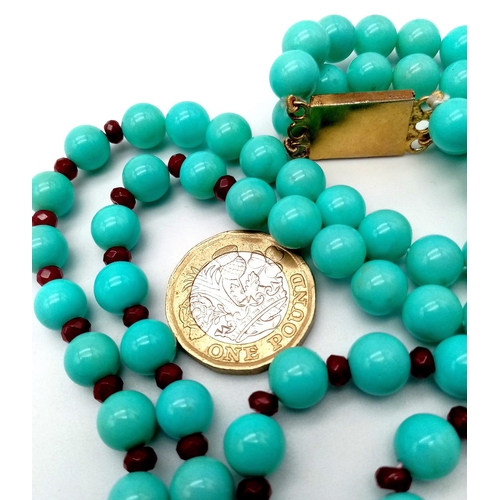 275 - Stunning Turquoise & Garnet 2 row necklace, gold gilded silver with vintage push-pin clasp.

28cms i... 