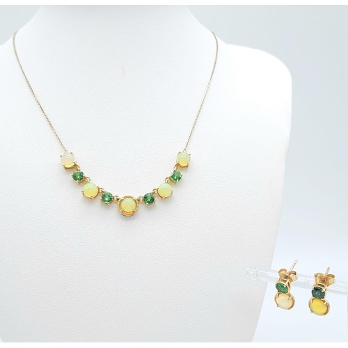 141 - A 9K Yellow Gold Ethiopian Opal and Tsavorite Tourmaline Necklace - 44cm with a Matching Pair of Ear... 