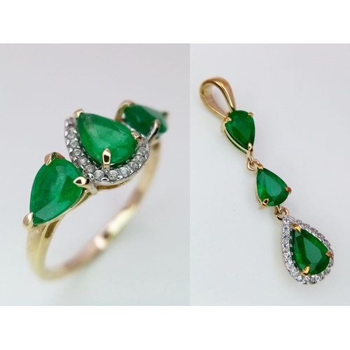 142 - A 9K Yellow Gold and Three Stone Zambian Emerald Ring with a Matching Pendant. White zircon accents.... 