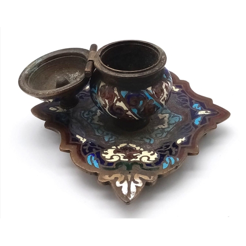 191 - A VERY EARLY TIBETAN BRONZE AND ENAMEL INK WELL .  10 X 8cms