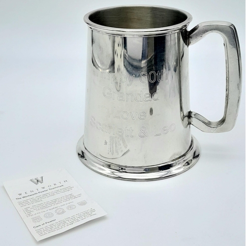 454 - A top quality pewter tankard made by Wentworth, Sheffield, England and the inscription: 