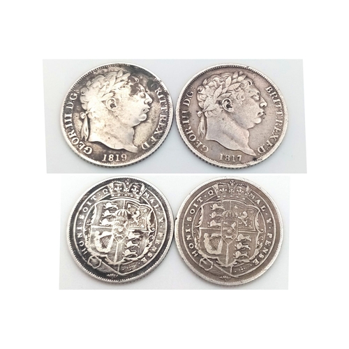 297 - An 1817 and 1819 George III Silver Sixpence. Please see photos for conditions.