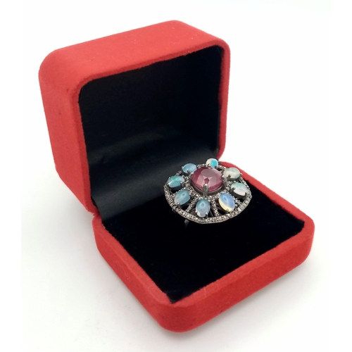 290 - A Decorative Floral 5.25ct Ruby Ring with 2.15ctw of Opal and 1.10ct Diamond Surround. Set in 925 Si... 