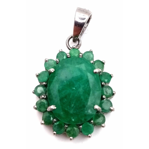 102 - A Zambian Emerald 925 Silver Pendant. Weight - 8.30 gm, Emerald - 14.50ct. 3.5cm. Ref: HV-2201. Come... 