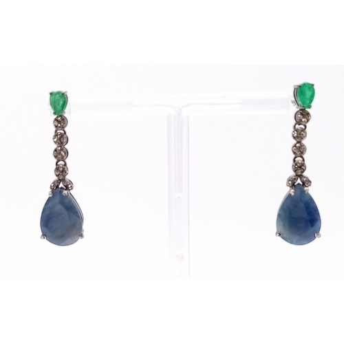 116 - A Pair of Blue Sapphire, Emerald & Diamond Earrings Set in 925 Silver with a Black Rhodium Coating. ... 