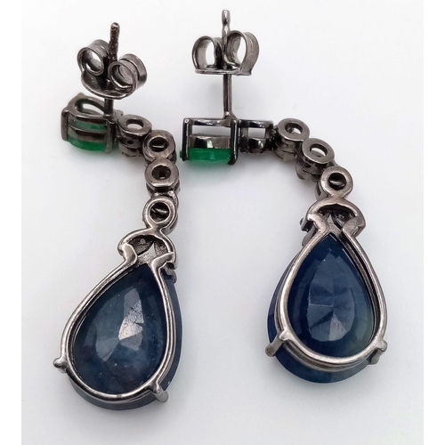 116 - A Pair of Blue Sapphire, Emerald & Diamond Earrings Set in 925 Silver with a Black Rhodium Coating. ... 