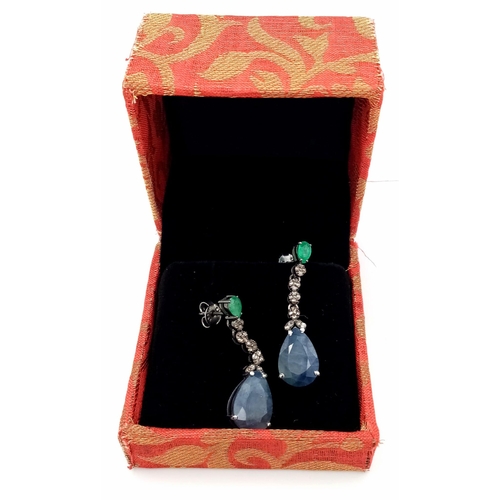 116 - A Pair of Blue Sapphire, Emerald & Diamond Earrings Set in 925 Silver with a Black Rhodium Coating. ... 