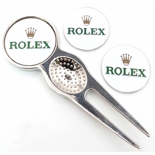 199 - A Rolex Branded Golf Putting Green Divot Repair Tool with Two Spare Magnetic Ball Markers. As new