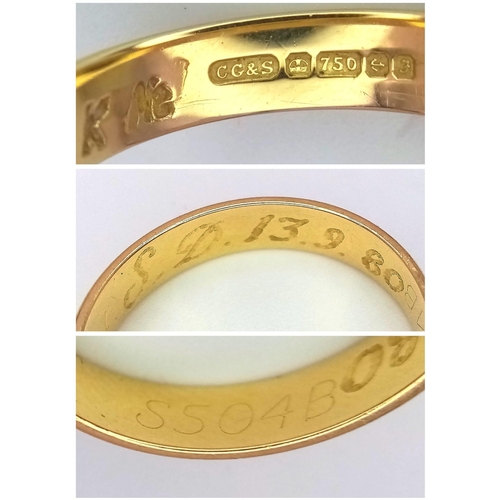 2 - A Vintage 18K Yellow Gold Band Ring. 4mm width. Size K. Full UK hallmarks. 2.9g weight.