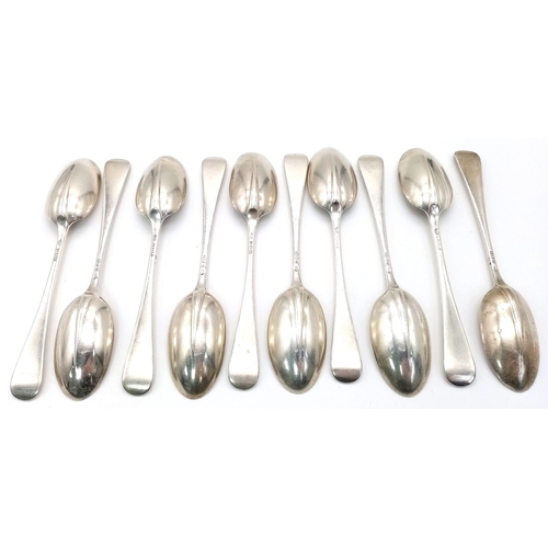 304 - Ten Mid-Size Sterling Silver Antique Spoons. 17cm. 546g total weight. Hallmarks for London 1924.