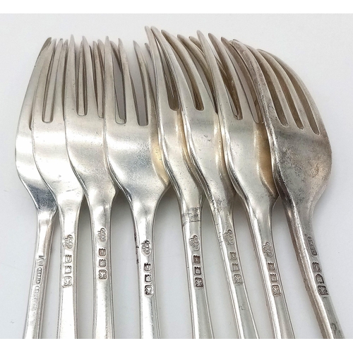 317 - Eight Antique Mid-Size Sterling Silver Cutlery Forks. 17cm. Hallmarks for London 1924. 407g weight.