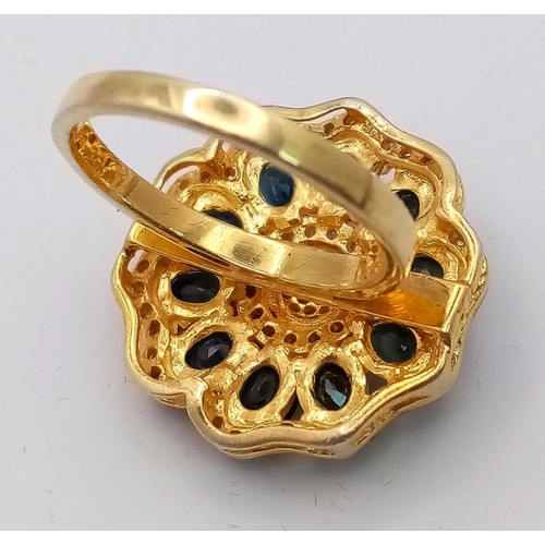 80 - A Blue Sapphires & Diamond Decorative Floral Ring set in 925 Gold Plated Silver. Size N. Weight - 6.... 