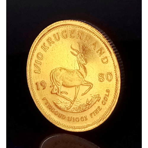 1118 - A 22K Gold 1/10 Ounce Krugerand Coin. 3.4g weight,