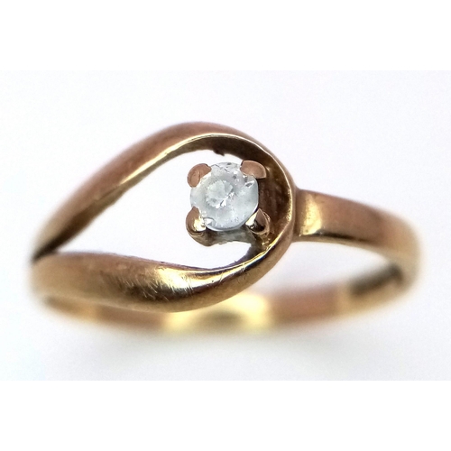 1125 - A Vintage 9K Yellow Gold White Stone Crossover Ring. Size H. 1.05g weight.