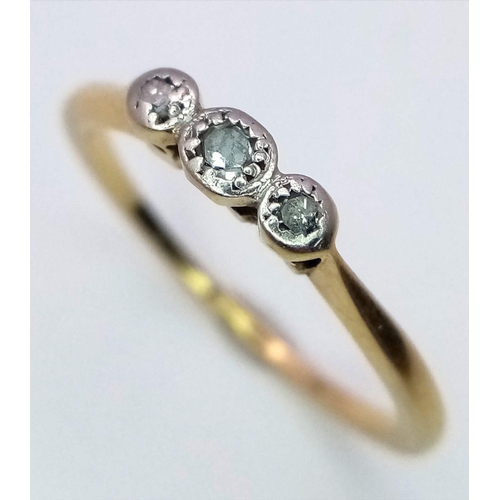 796 - A VINTAGE 18K YELLOW GOLD & PLATINUM SET WITH 3 STONE DIAMOND RING, WEIGHT 1.6G SIZE K, REF SC 4090