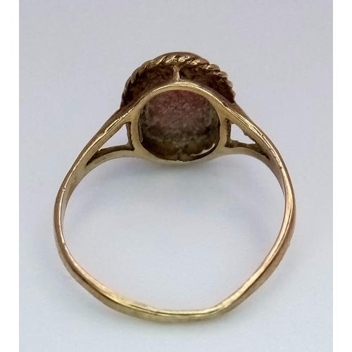 535 - A Vintage 9k yellow Gold Small Cameo Ring. Size I. 1.26g weight.