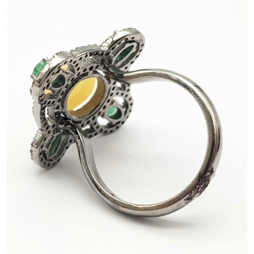 198 - A Beautifully Designed 2.25ct Opal Ring with 0.90ctw of Emeralds and 0.85ctw of Diamond Accents. Siz... 