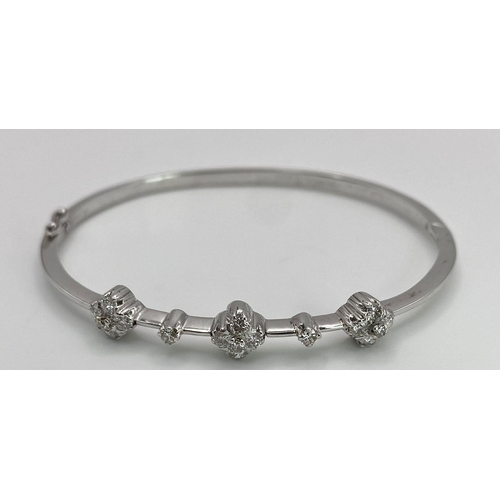 1279 - A VERY PRETTY AND ATTRACTIVE 18K WHITE GOLD DIAMOND SET BANGLE, APPROX 0.30CT, WEIGHT 8.5G AND 53MM ... 