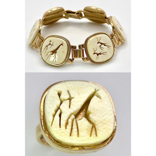 1259 - A South African 9 K yellow gold bracelet and ring set with hunting scenes carved on bone. Ring size:... 