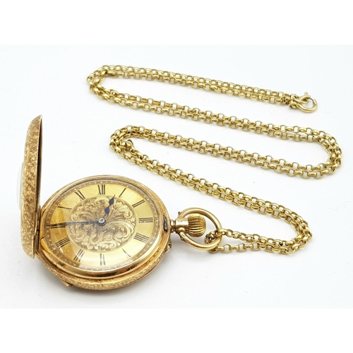 1342 - A beautiful 14 K yellow gold half hunter/pendant watch, heavily engraved  on a long (64 cm) 9 k yell... 